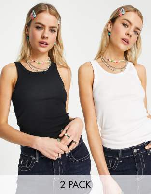 Pack de 2 camisetas de color negro y blanco de tirantes con espalda de nadadora de canalé de algodón Close de Weekday - MULTI