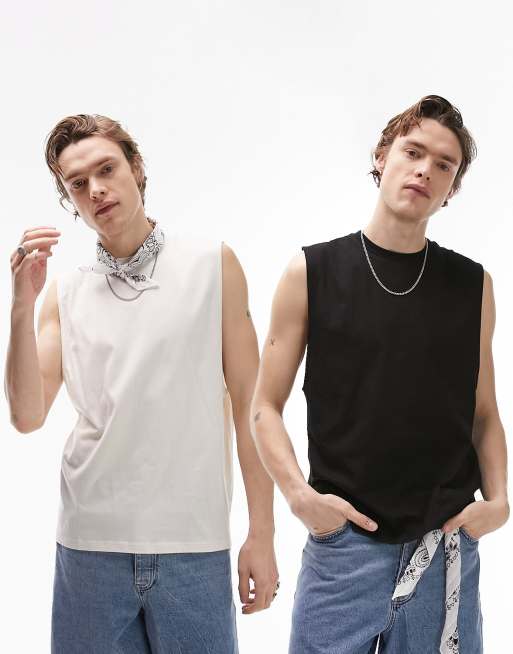 Pack de 2 camisetas de color negro y crudo sin mangas de corte clásico de Topman
