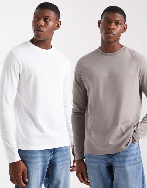 Pack de 2 camisetas de color piedra y blanco básicas de manga larga y corte estándar Essentials de ASOS DESIGN 