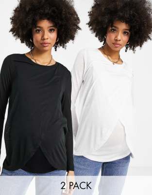 Pack de camisetas de varios colores de manga larga con diseño cruzado para lactancia de New Look Maternity | ASOS