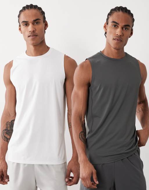 Pack de 2 camisetas deportivas de color gris oscuro y blanco sin mangas de malla de secado rápido Icon de 4505