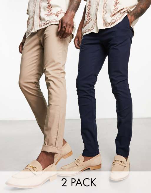 Pack de 2 chinos ajustados en azul marino y color piedra de ASOS DESIGN, AHORRA