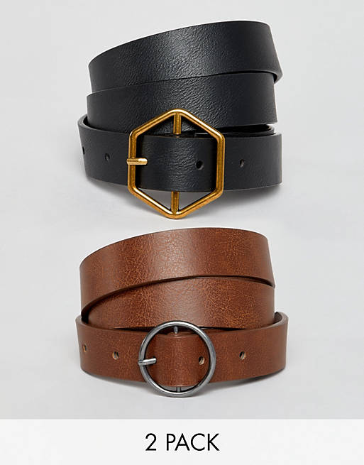 Pack de 2 cinturones con hebillas hexagonales y circulares de ASOS DESIGN