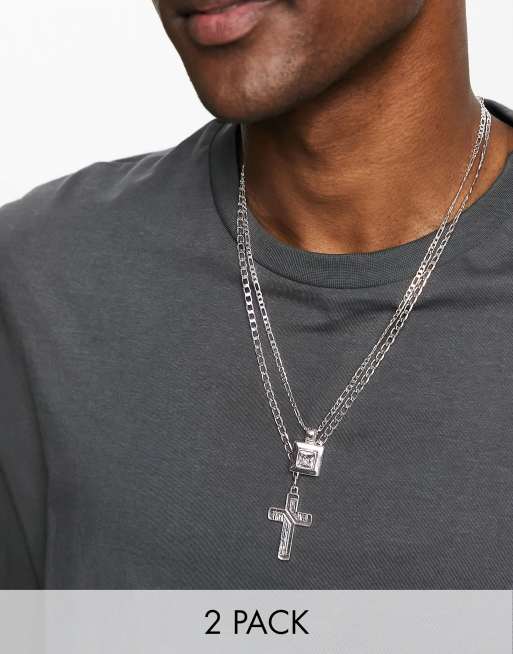 Pack de 2 collares con colgantes de cuadrado y cruz con incrustaciones de cristal chapados en plata de ASOS DESIGN