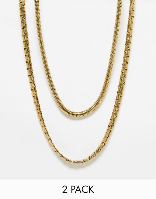 Pack de 2 collares dorados de cadenas variadas de acero inoxidable resistente al agua de ASOS DESIGN 
