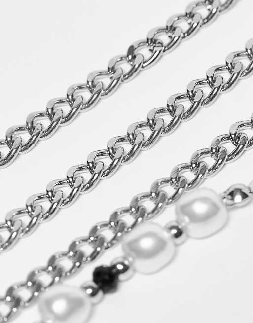 Pack de collares largos plateados de hileras con perlas ASOS DESIGN | ASOS
