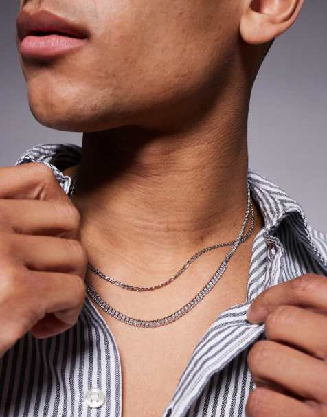 Pack de 2 collares plateados de cadena y cristales de corte baguette de acero inoxidable resistente al agua de ASOS DESIGN - view 1