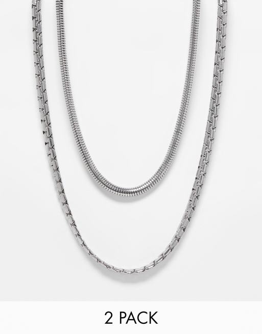 Pack de 2 collares plateados de cadenas variadas de acero inoxidable resistente al agua de ASOS DESIGN 