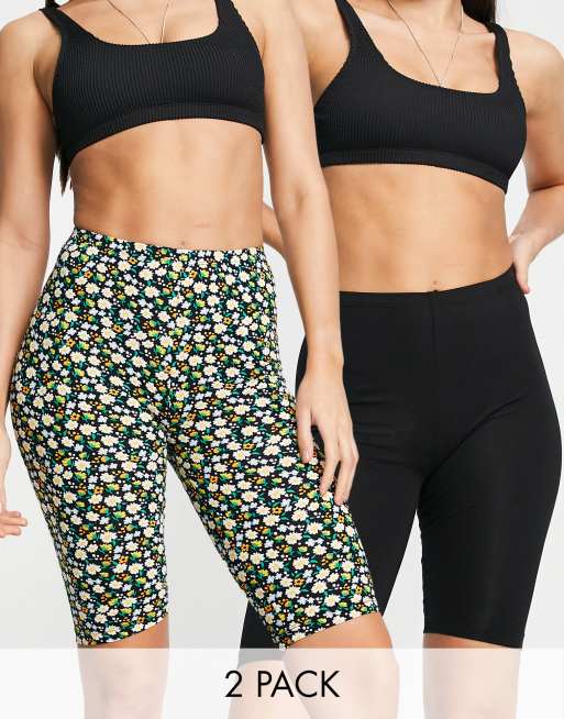 Pack de 2 leggings cortos de color negro y con estampado floral exclusivo de Only Tall