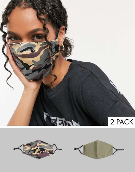Pack de 2 mascarillas con tiras ajustables en caqui y camuflaje de DesignB London