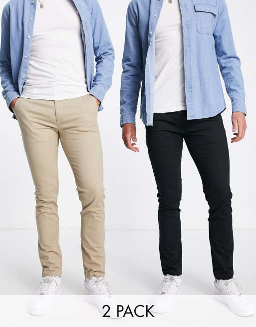 Pack de 2 pantalones chinos de color negro y piedra de corte pitillo de Topman
