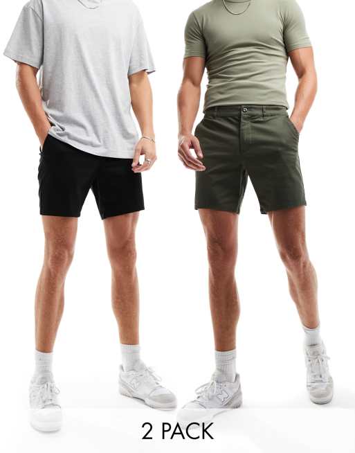 Pack de 2 pantalones cortos chinos de color caqui oscuro y negro de largo medio y corte slim de ASOS DESIGN
