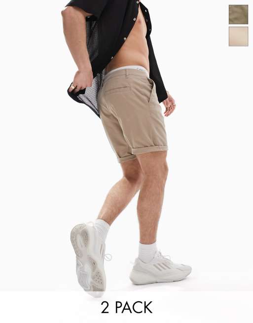 Pack de 2 pantalones cortos chinos de color caqui y beis de largo estándar y corte slim de ASOS DESIGN 