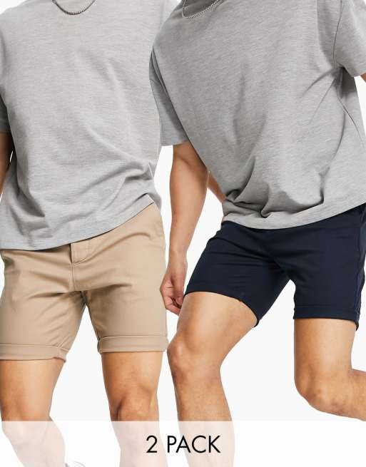 Pack de 2 pantalones cortos chinos de color piedra y azul marino ajustados de ASOS DESIGN