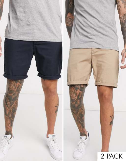 Pack de 2 pantalones cortos chinos de corte slim en azul marino y color piedra de ASOS DESIGN