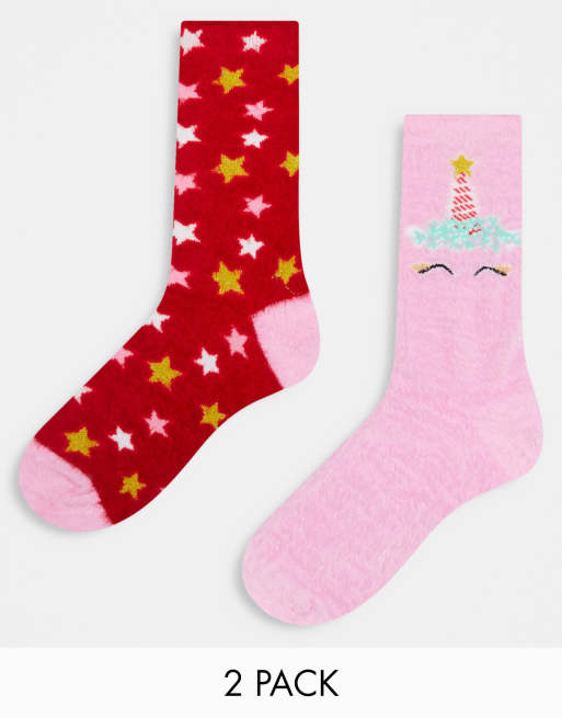 Pack de 2 pares de calcetines de color rosa y rojo con diseño de unicornios y estrellas de punto mullido de Threadbare
