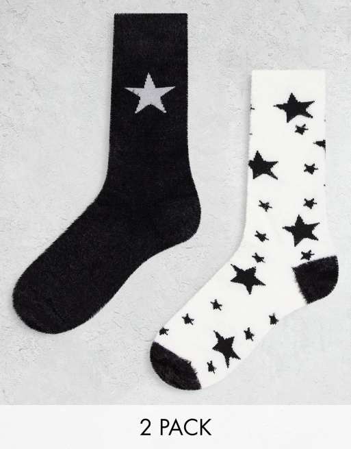 Pack de 2 pares de calcetines negros y crema con estampado de estrellas de punto mullido de Threadbare
