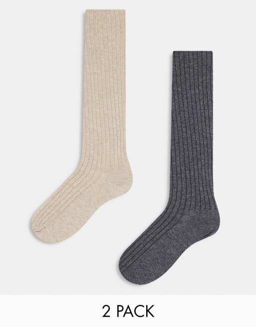 Pack de 2 pares de calcetines por la rodilla de color gris y avena de canalé de ASOS DESIGN