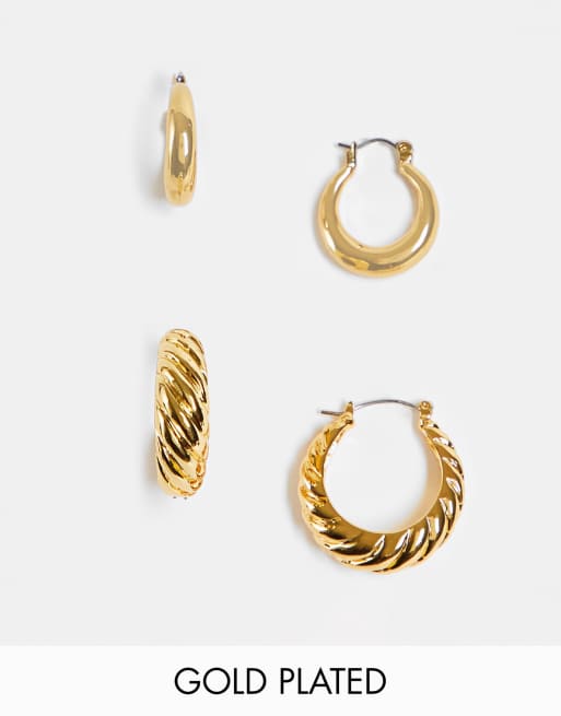 Pack de 2 pares de pendientes de aro con diseño abombado y retorcido chapados en oro de 14 quilates de ASOS DESIGN