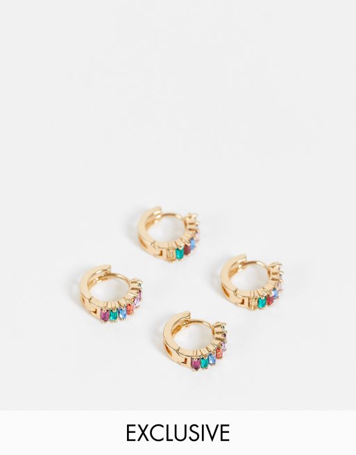 Pack de 2 pares de pendientes de aro pequeños dorados con cristales de Reclaimed Vintage Inspired