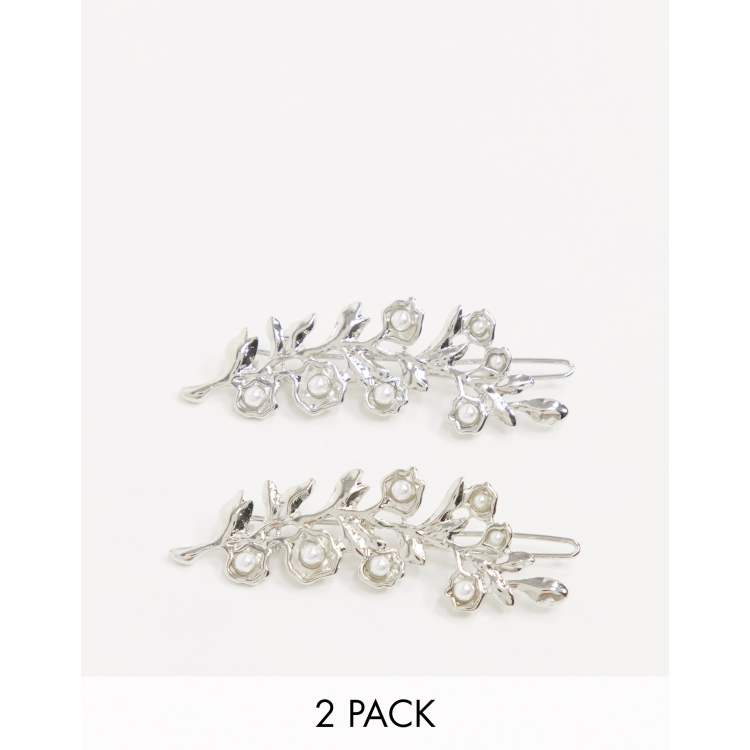 Pack de 2 pasadores para el pelo con diseño de hoja adornos florales en tono plateado de ASOS DESIGN |