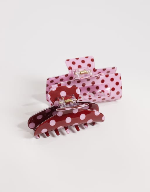 Pack de 2 pinzas para el cabello de color burdeos y rosa con diseño de lunares de Accessorize