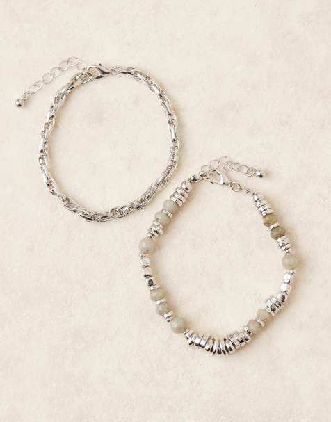 Pack de 2 pulseras plateadas de cadena y piedras semipreciosas de labradorita de ASOS DESIGN - view 1