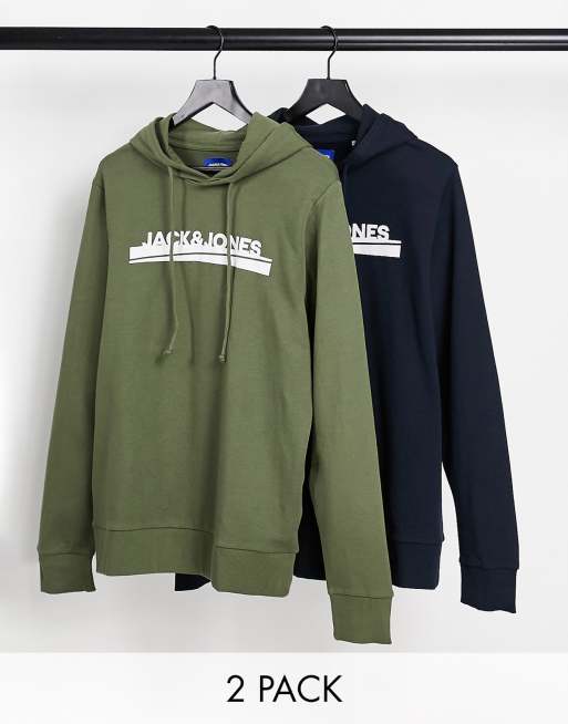 Pack de 2 sudaderas con capucha de color azul marino y verde oliva polvoriento de Jack & Jones