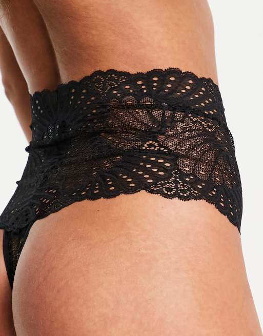 Pack de 2 tangas negros de talle alto con cintura marcada de encaje de ASOS DESIGN, 3 de 4