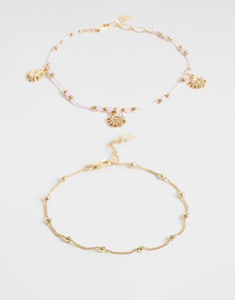 Pack de 2 tobilleras dorado con cuentas rosas y charm de soles de ASOS DESIGN - view 1