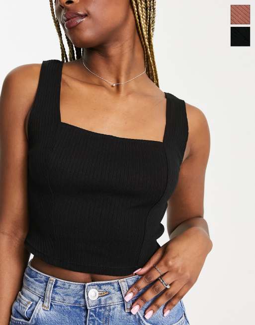Pack de 2 tops de color negro y moca estilo corsé sin mangas ni costuras de Miss Selfridge