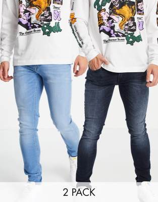 Pack de 2 vaqueros de color azul claro y oscuro de corte pitillo Liam de Jack & Jones Essentials