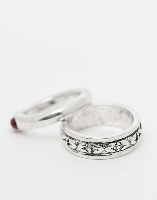 Pack de 2 anillos plateado pulido con patrón texturizado y piedra roja de ASOS DESIGN , 2 de 3