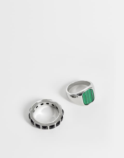 Pack de 2 anillos plateados con diseño tipo sello con piedra cuadrada y parte superior ovalada de ASOS DESIGN, 1 de 3