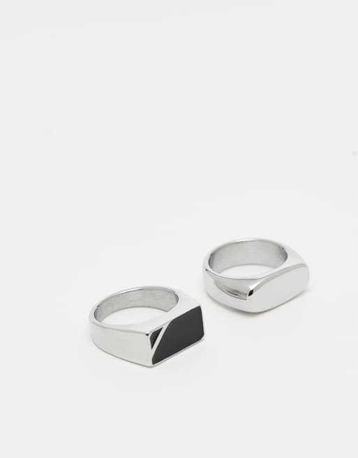 Pack de 2 anillos plateados tipo sello de acero inoxidable resistente al agua con piedra negra de ASOS DESIGN