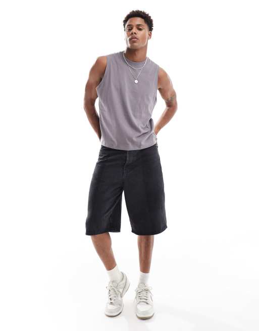 Pack de 2 camisetas cortas de color gris carbón y gris holgadas sin mangas de ASOS DESIGN, 2 de 4