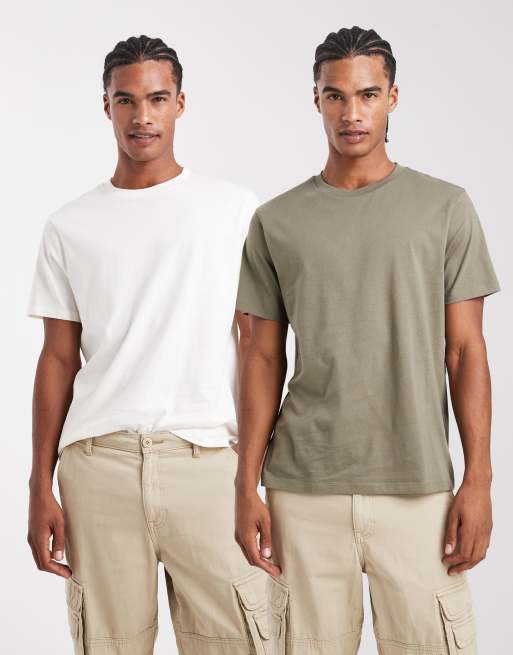 Pack de 2 camisetas de color crema y caqui básicas de corte estándar Essentials de ASOS DESIGN 