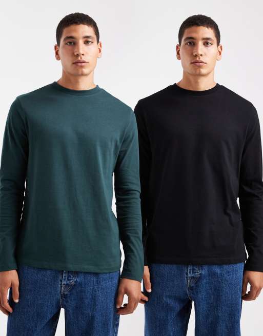 Pack de 2 camisetas de color negro y verde oscuro básicas de manga larga y corte estándar Essentials de ASOS DESIGN 
