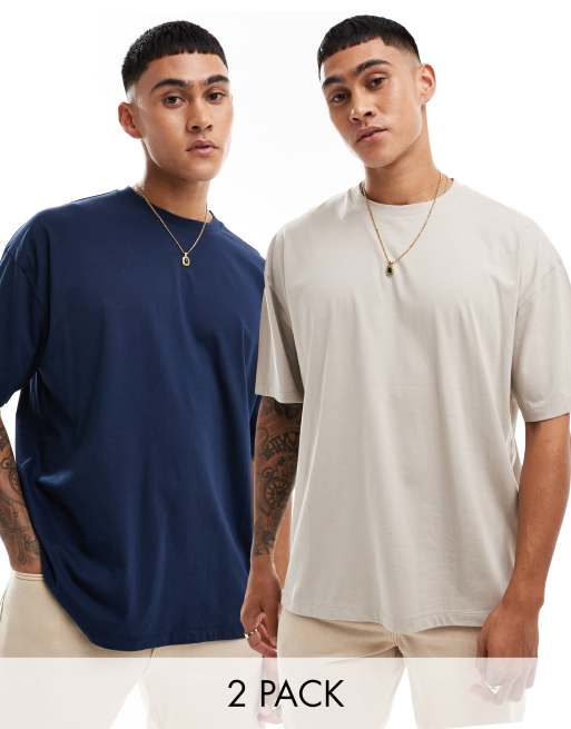 Pack de 2 camisetas de color piedra y azul marino básicas extragrandes de ASOS DESIGN