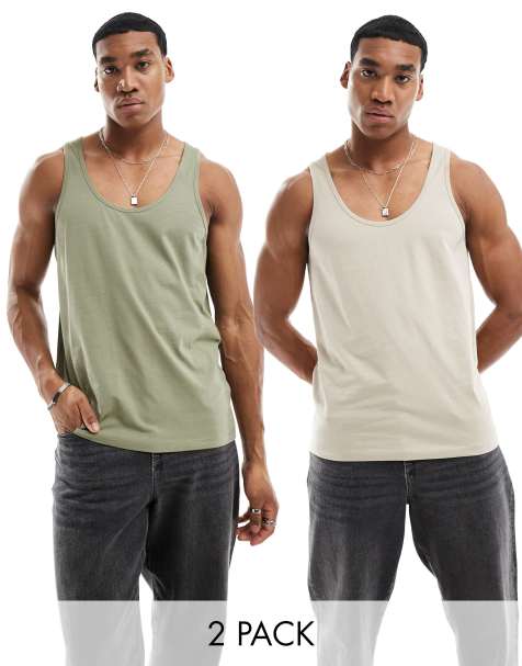 Pack de 2 camisetas de color piedra y caqui de tirantes de ASOS DESIGN - view 1