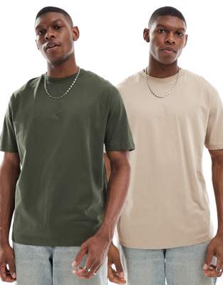 Pack de 2 camisetas de color piedra y verde básicas holgadas de ASOS DESIGN - view 1