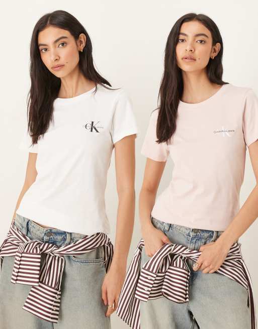 Pack de 2 camisetas de color rosa y blanco de corte slim con logo de monograma de Calvin Klein Jeans