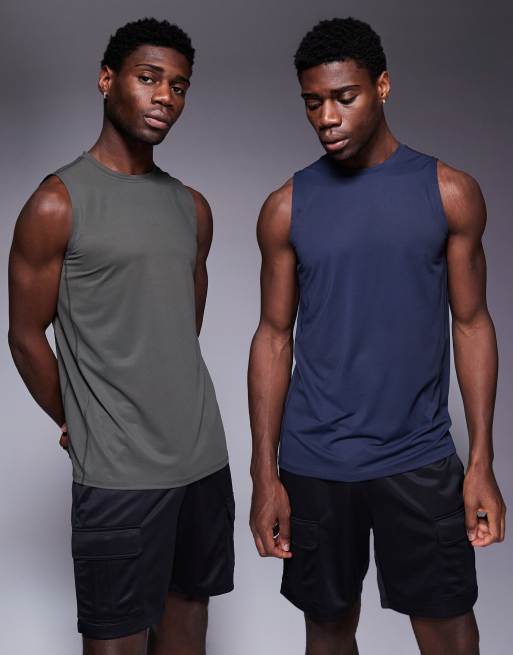 Pack de 2 camisetas deportivas de color caqui y azul marino sin mangas de tejido de secado rápido Icon de 4505