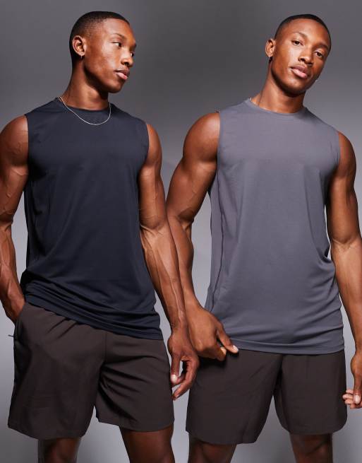 Pack de 2 camisetas deportivas de color negro y gris carbón sin mangas de tejido de secado rápido Icon de 4505 