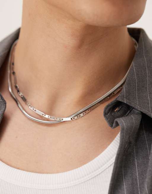 Pack de 2 collares plateados de cadena con eslabones y de serpiente de acero inoxidable resistente al agua de ASOS DESIGN