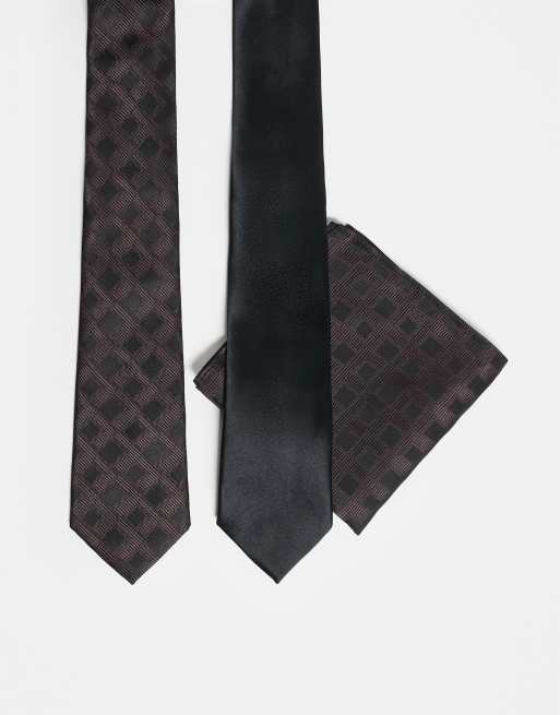 Pack de 2 corbatas y un pañuelo de bolsillo de color negro y marrón con estampado geométrico de ASOS DESIGN