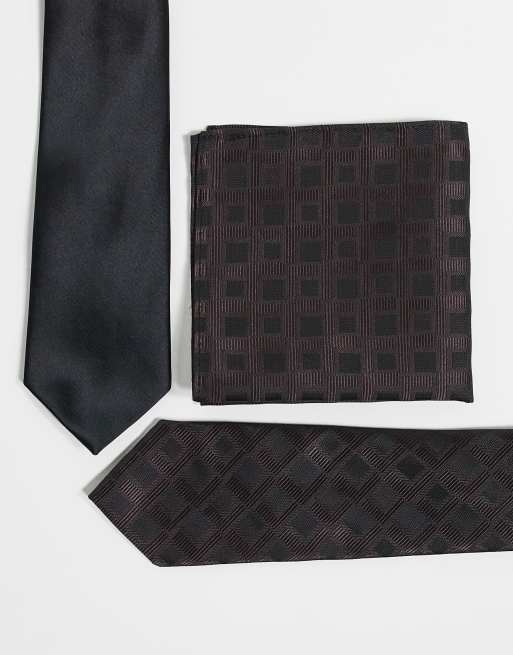 Pack de 2 corbatas y un pañuelo de bolsillo de color negro y marrón con estampado geométrico de ASOS DESIGN, 3 de 3