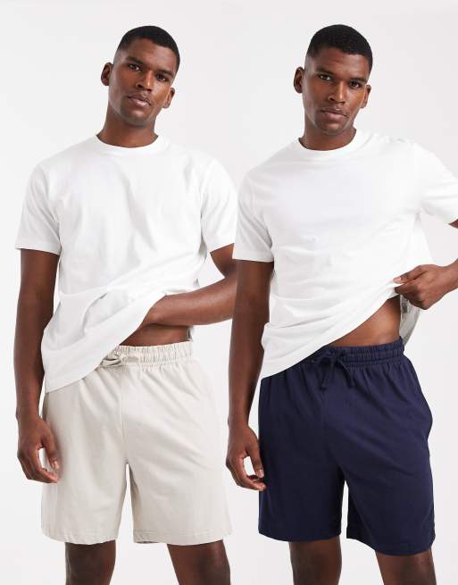 Pack de 2 pantalones cortos de estar por casa azul marino y color piedra con cordón ajustable de mezcla de algodón de Threadbare