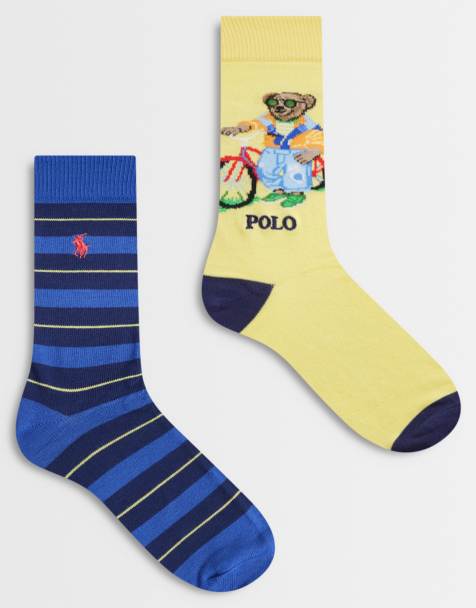 Pack de 2 pares de calcetines a rayas amarillas y azules con diseño de Polo Bear de Polo Ralph Lauren - view 1