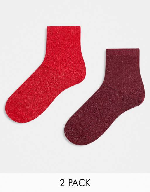 Pack de 2 pares de calcetines de color rojo y burdeos efecto purpurina de lúrex de Accessorize